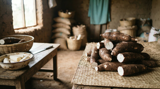 Stack of root vegetables on a woven straw mat in a dim rustic storeroom