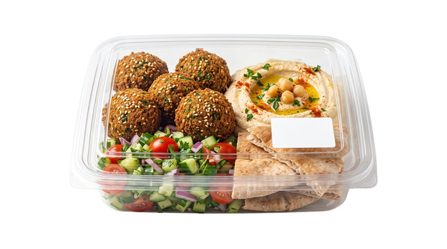 Fresh falafel meal box with hummus and salad, Mediterranean takeaway meal prep container, healthy vegetarian lunch packaging isolated PNG with Transparent Background