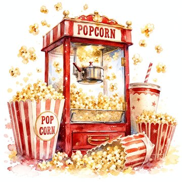 Watercolor Popcorn Machine With Kernels Popping