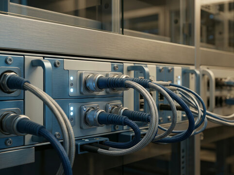 Close view of server units and braided cables in a data centre and nobody in the frame