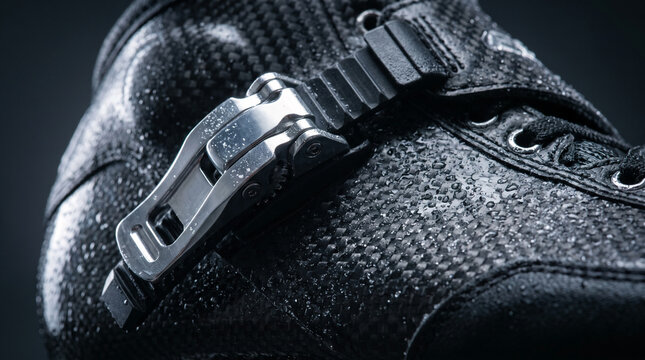 Close-up on black carbon fiber rollerblade boot with water droplets