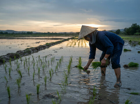 Farmer planting rice seedlings in a flooded paddy wearing conical hat against a sunset sky