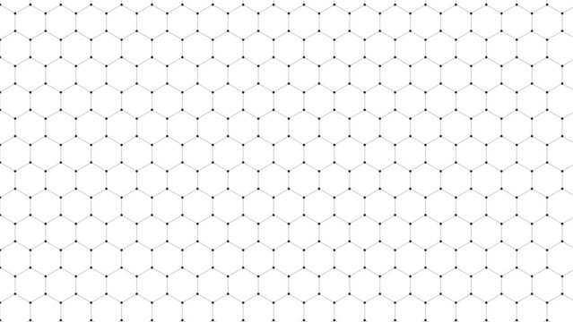 Minimalist seamless hexagonal grid pattern with interconnected black lines and small dots on a clean white background