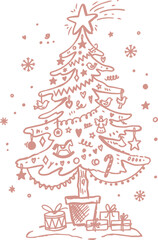Fototapeta premium Hand drawn christmas tree with gifts ornaments and star pink vector illustration
