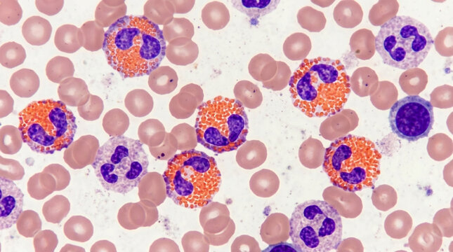 Microscopic view of human blood cells neutrophils erythrocytes and lymphocytes stained for medical analysis