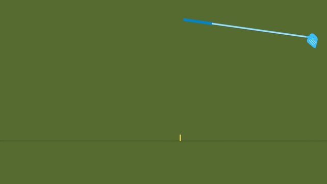 Minimalist 2D animated golf swing with club and ball on a green background