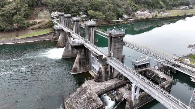 Iejigawa Intake Weir and Cherry Blossoms on the Shimanto River, Kochi, Japaniejigawa intake weir, shimanto river, shimanto town, kochi, japan, saga intake weir, iejigawa dam, intake weir, weir, river,