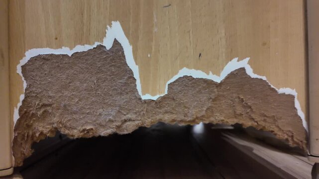 Rabbit chewed through wood flooring. Brown fur and white trim are visibly torn. The animal caused damage by gnawing. This shows animal damage to household items