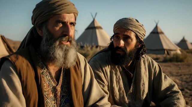 Two Bedouin men conversing in desert camp with tents. Middle Eastern nomads in traditional robes and turbans. Biblical historical narrative scene