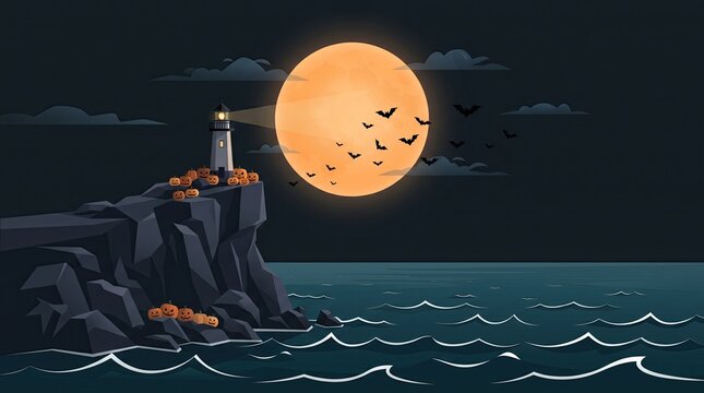 Spooky halloween night with a full moon over dark churning waters