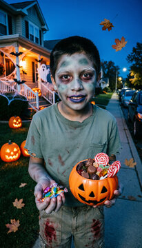 Boy Dressed as a Zombie Holding a Pumpkin Bucket with Candy on the Street During Halloween - Ni&ntilde;o Disfrazado de Zombi Sosteniendo Cubo de Calabaza con Dulces en la Calle Durante Halloween
