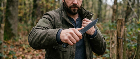 Fototapeta premium Man in Forest Pulls Out Tactical Knife Outdoor Survival Bushcraft Adventure