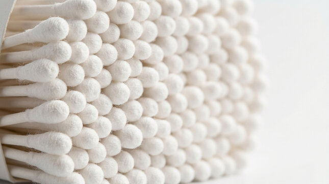 Macro shot of a pile of white cotton swabs with soft focus background hygiene and cleanliness concept