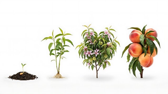 Peach tree growth stages from seedling to fruit-bearing plant