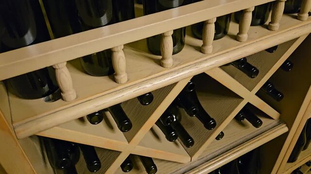 Wooden rack holds numerous dark wine bottles. Bottles stand upright in a neat, orderly row. Shadows fall across glass as light hits the rack. Bottle tops are closed, necks pointed upwards