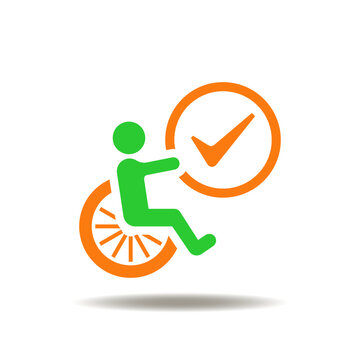 Vector illustration of disabled reaches out with their hands toward checkmark. Symbol of reasonable accomodation.