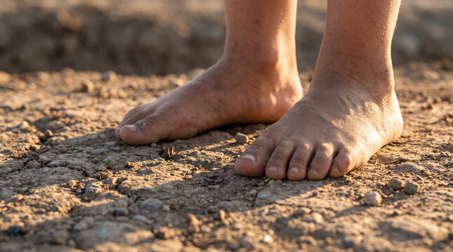 Bare feet walking on dry cracked earth under warm sunlight