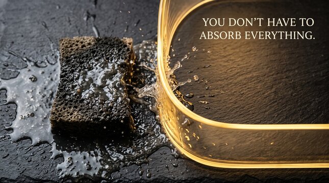 A glowing golden glass shield repelling dirty grey water from a dark sponge, illustrating emotional boundaries and protecting energy.