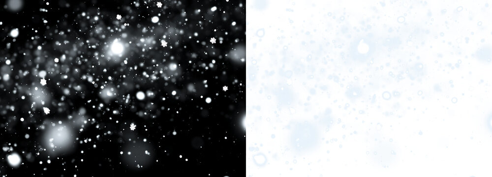 Abstract winter snowfall background with soft glowing bokeh lights, floating snowflakes with motion blur, and realistic snow particle overlay PNG texture
