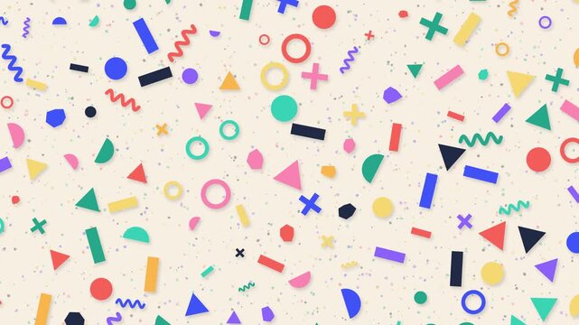 Terrazzo-style colorful geometric shapes popping and rotating on cream background, playful 4K looping