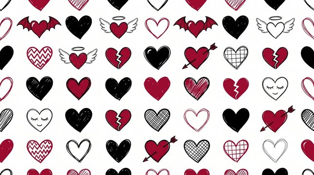 Cute hand-drawn heart doodle pattern on white background