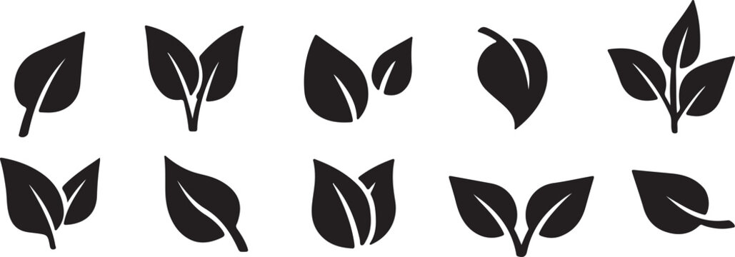 Minimal Black Leaf Icons Set - 10 Simple Nature Silhouette Vector Illustrations