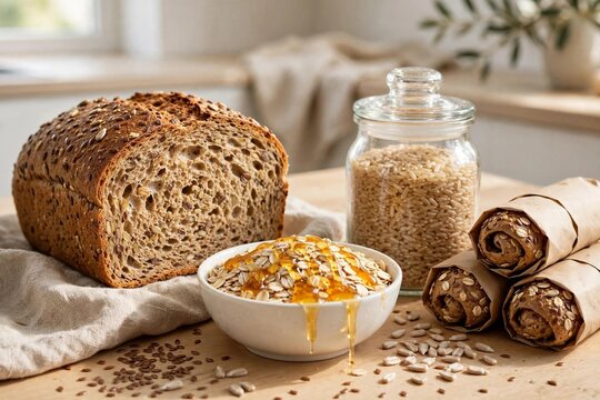 Sliced whole grain loaf with oatmeal, brown rice and multigrain rolls