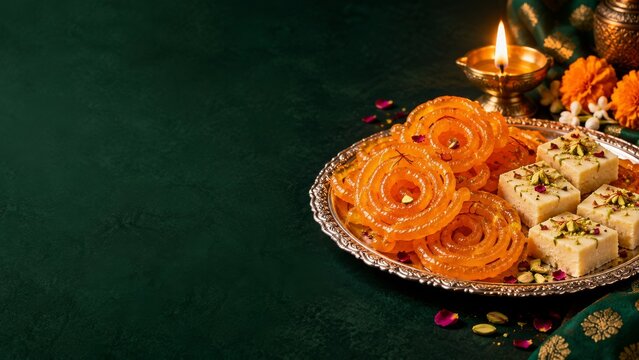 Jalebi and Barfi on an Ornate Silver Platter with Emerald Festive Space