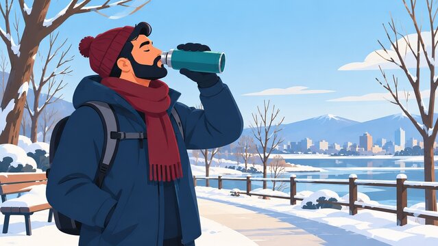 Winter walker remembering to hydrate in cold dry weather.