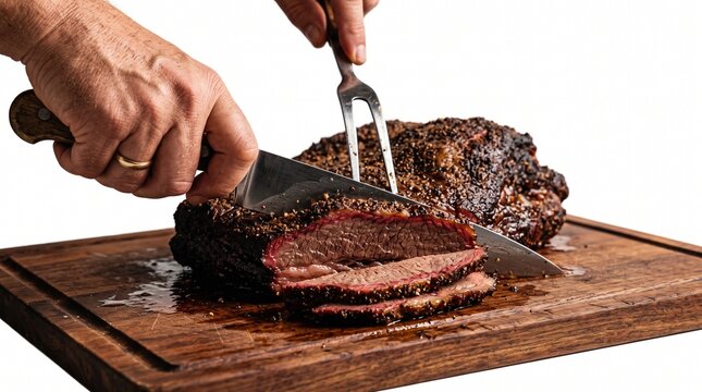Close up of a chef slicing a perfectly cooked beef brisket with a sharp knife on a wooden cutting board, showcasing rich texture and juicy meat