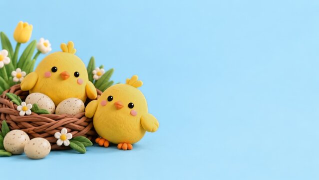 Two Clay Chicks with Speckled Easter Eggs and Flowers on Blue