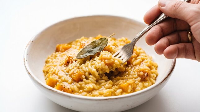 Close up of creamy butternut squash risotto with sage and parmesan cheese being scooped with a fork, isolated on white