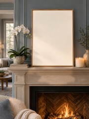 Fototapeta premium Blank Wooden Frame on a Fireplace Mantel with Blue Walls and Candle