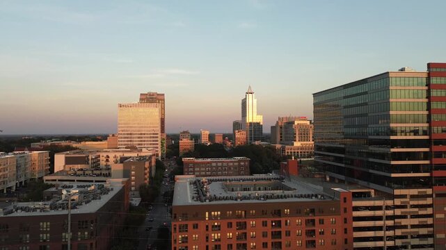 Aerial view of the downtown Raleigh, North Carolina skyline at sunset