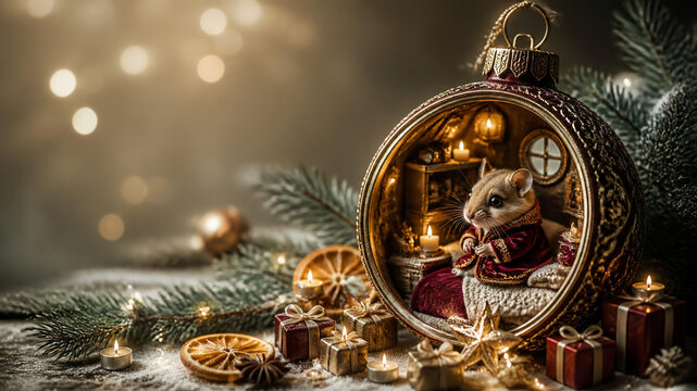Cute dormouse in velvet coat sits inside a vintage Christmas bauble turned cozy miniature room, with candles, dried oranges, gifts and golden star, winter New Year 2027 card