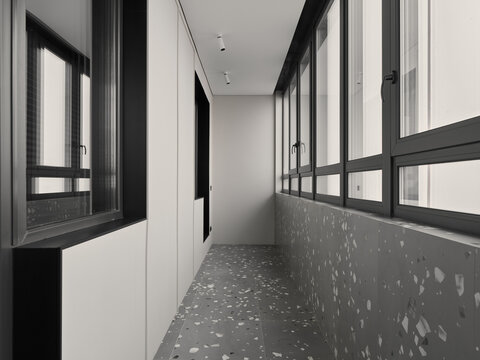 Extended slender hall featuring subdued tones and natural lighting