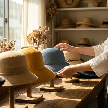 Person adjusting straw hats on wooden display stands in a bright boutique