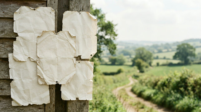 Four torn paper notes pinned to a weathered post in a rural green field