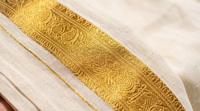 Close up of Kerala kasavu mundu with golden zari border. Traditional handloom cotton fabric for Onam festival