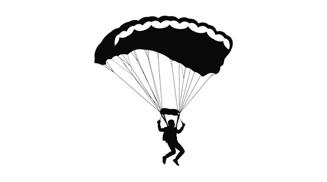Black silhouette of a skydiver with a parachute floating isolated on white background