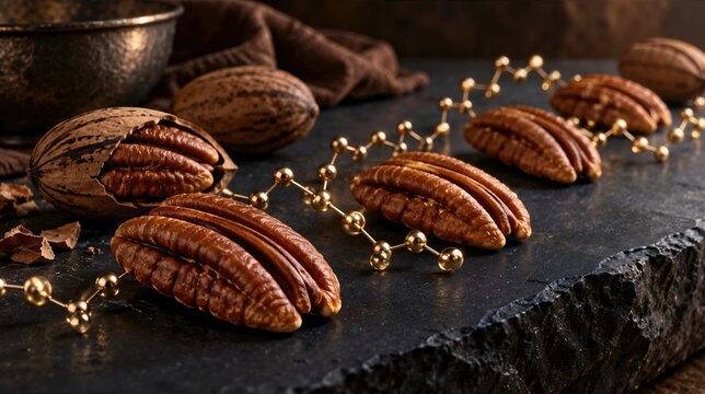 Elongated pecan halves and cracked shells on a matte dark ink blue slate stone surface. Decorative luminous gold molecular chain woven between nuts in a creative gourmet food still life