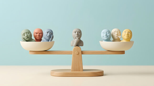 Conceptual balance scale with emotional faces representing positive and negative human feelings