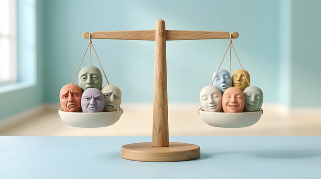 Conceptual balance scale weighing sad and happy emotional faces