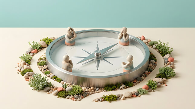 Four small clay figures sitting around a compass on a decorative bed of moss and pebbles