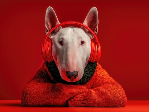 bull terrier wearing headphones in cozy sweater