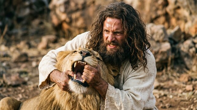 Young Samson wrestling a wild lion in a rocky desert. Biblical hero pulling open the lion jaws with bare hands. Concept of strength and courage from the Old Testament