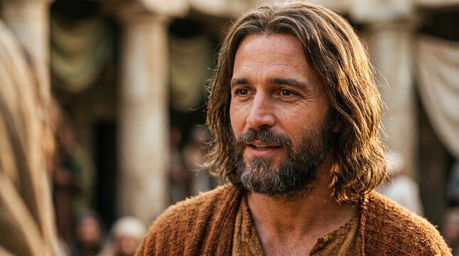 Jesus Christ teaching in the temple courtyard. Biblical parable scene with ancient columns. Holy Bible testament illustration