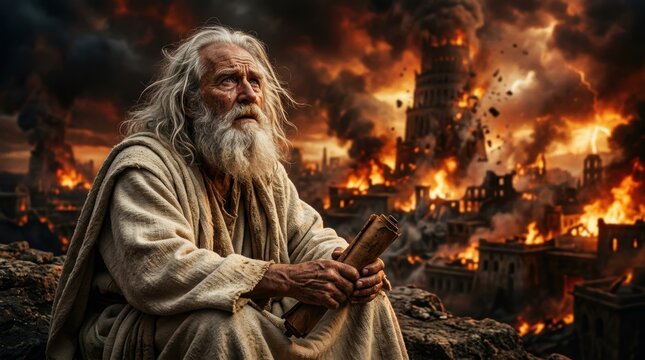 Fall of Babylon biblical prophecy. Elderly prophet holding a scroll witnessing the destruction of a burning city. Old testament scene