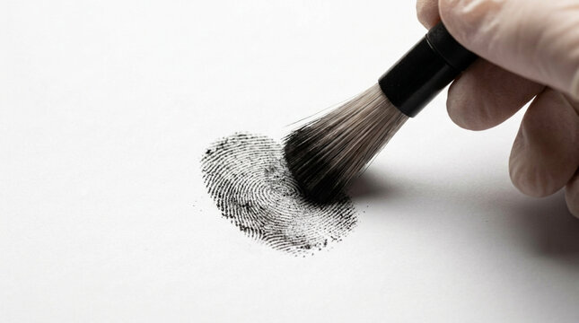 Forensic Brush Revealing Fingerprint on White Paper Crime Scene Investigation Concept
