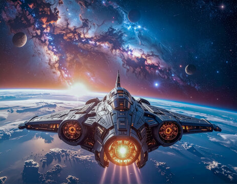 Sublime vaisseau spatial &eacute;voluant dans l'espace, n&eacute;buleuse, cosmos, science-fiction